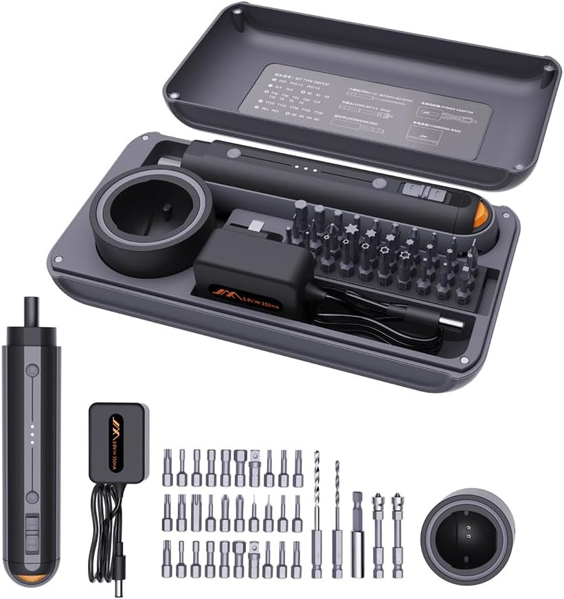 JIMIHOME 3.6V Electric Screwdriver Tool Set 38-in-1 Repair Tool with Charging Base and LED Lighting