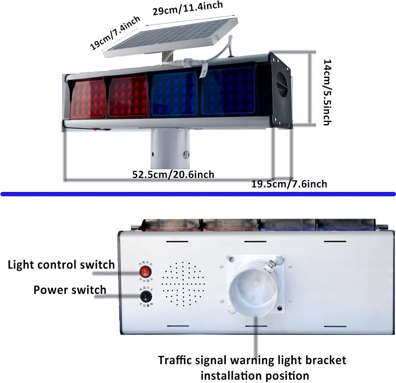 Diagram showing dimensions and mounting points of the solar strobe light.