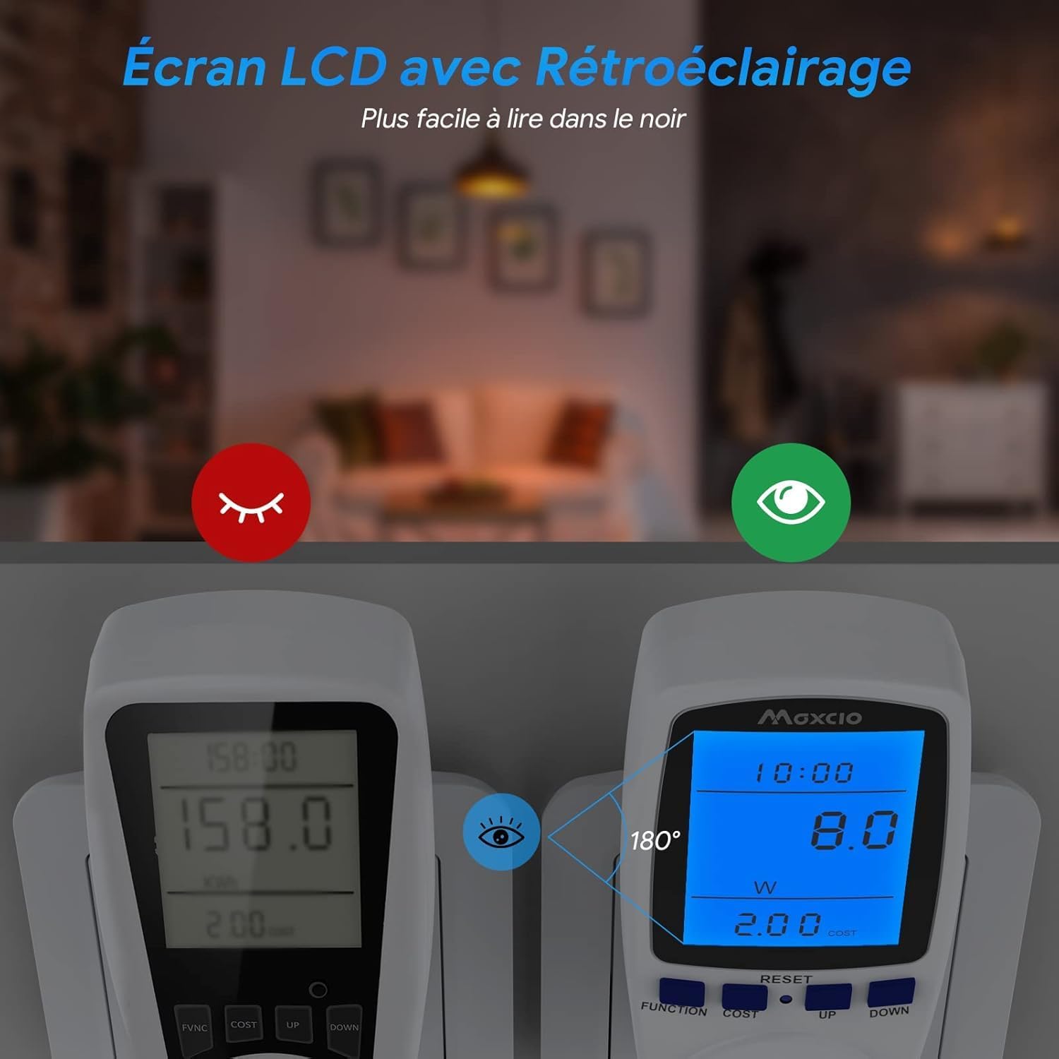 Comparison of Maxcio energy meter display with and without backlight