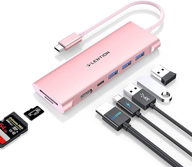 LENTION USB C Multi-Port Hub with 4K HDMI, 3 USB 3.0, SD/Micro SD Reader, Type C Charging Adapter for 2022-2016 MacBook Pro/Air (Thunderbolt 3), New Mac Air/Surface, Chromebook, More (C36B, Rose Gold)