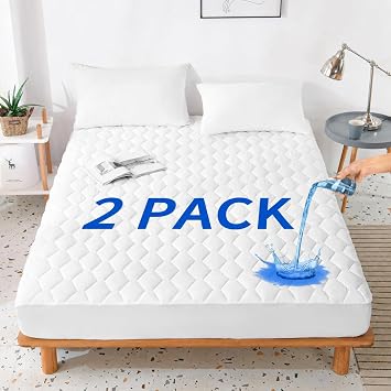 2 Pack Twin Mattress Protector Waterproof, 100% Waterproof Quilted Fitted Mattress Pad, Noiseless Hollow Cotton Mattress Cover, fits up to 18" Deep, Dust Proof White