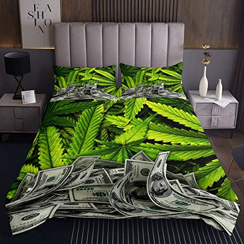 Cannabis Blätter Bettwäsche Set Marihuana gedruckt Bettdecke Geld Dollar Coverlet Set Kinder jungen Mädchen Hanf Farm wachsen grün Unkraut Pflanzen Bettbezug 1 Kissen bezug 170×210 Schlafzimmer Dekor