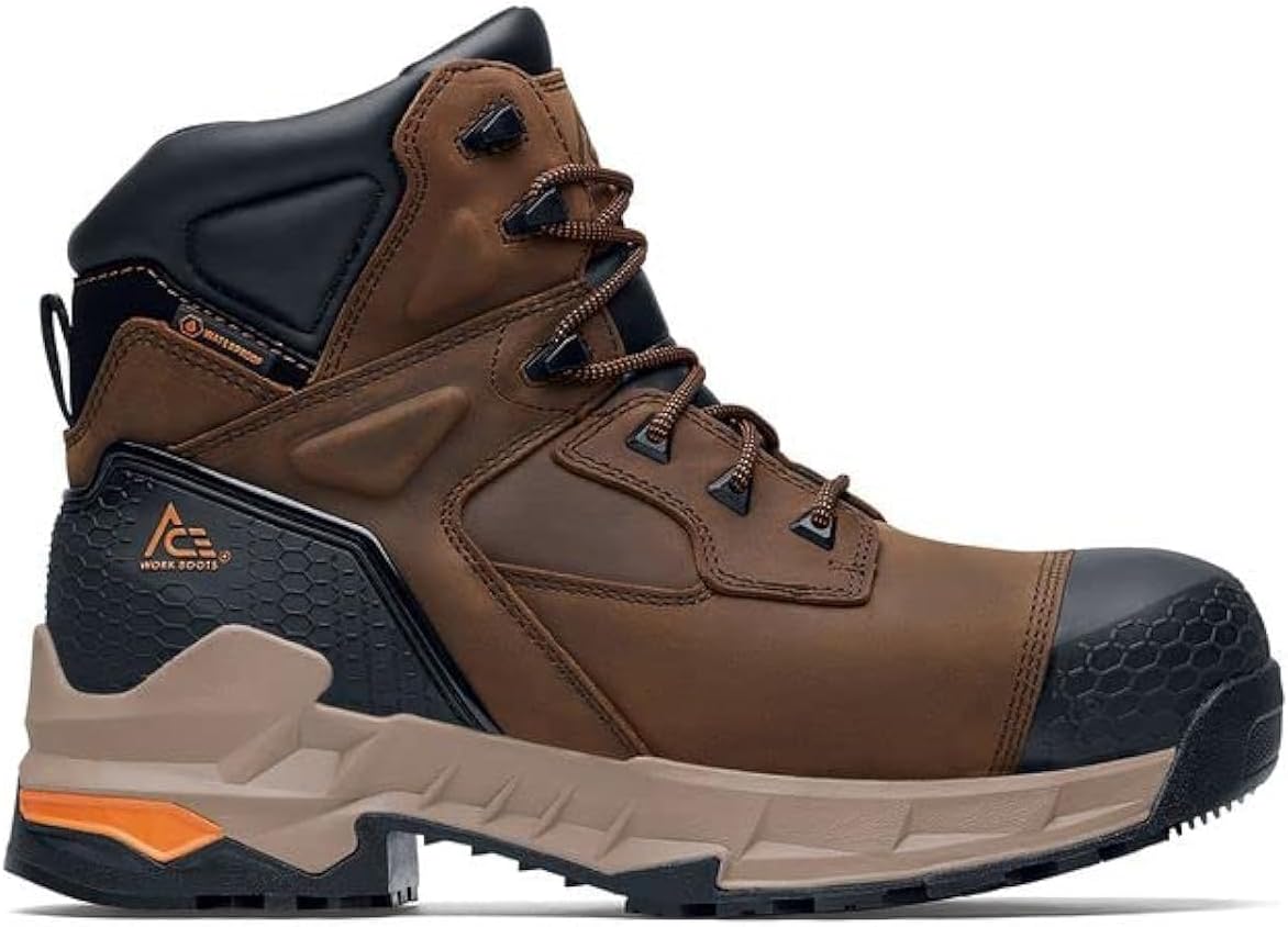 ACE Men's Slip-Resistant Composite-Toe Ankle Boots - Lightweight, Waterproof, Electrical-Hazard (EH) Rated Work Boots for Men in Construction, Utility, Maintenance - Redrock 6" CT