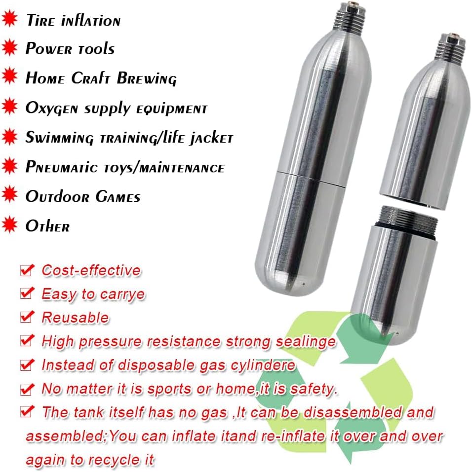 Refillable CO2 Cartridge Stainless Steel Reusable CO2 Cartridge with 8mm Male Plug & 3/8"-24UNF Thread for Airsoft, Bike Tire Inflation, Soda Maker & Homebrewing