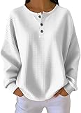 Kenhansion Women's Crew Neck Waffle Tunic Tops Long Sleeve Button Down Henley Shirts Dressy Casual Fall Basic Plaid Blouse (White,Large)