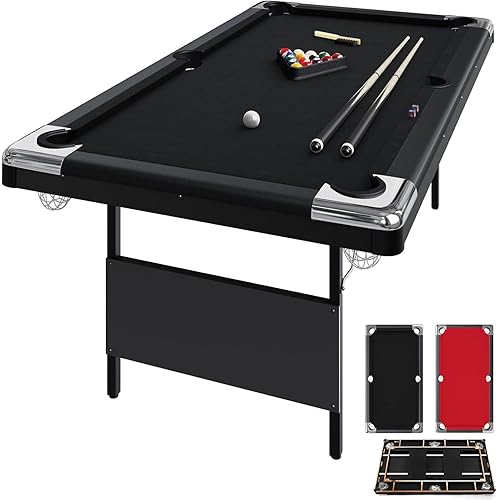 6,7 Foot Foldable Pool Table, Portable Billiards Table with Full Accessories Set, No Assembly, Metal k-Shaped Legs, Includes 16 Balls, 2 Cue Sticks, Chalk, Rack & Brush, Game Room Table for Home, Apar