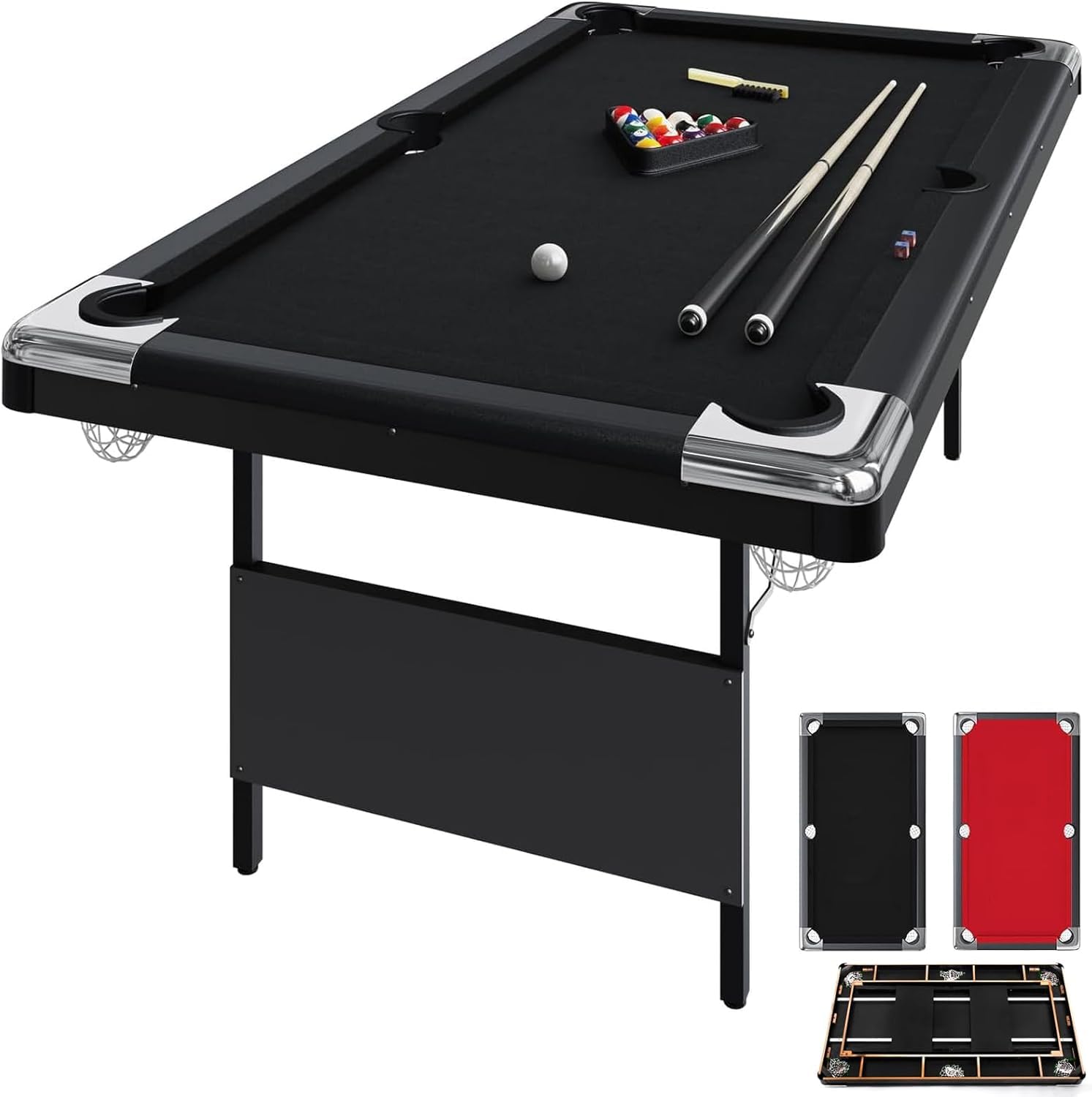 Photo 1 of 6 Foot Pool Table for Family, Foldable No Assembly Pool Table with Balls, Cues, Chalk, Rack & Brush, Portable Billiards Game Table for Apartment, Basement, Office & Game Room-------DAMAGED DIY PROJECT TO FIX ------ THERE IS NO RETURNS ON THIS ITEM PLEASE