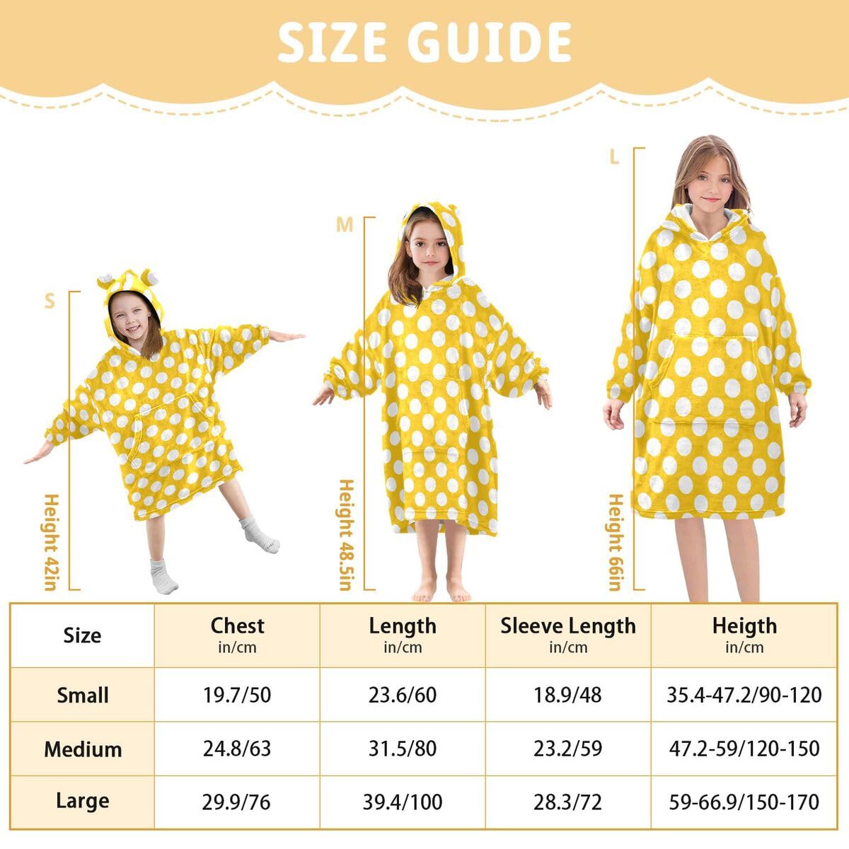 Żółty koc w kropki dla dzieci do noszenia bluza z kapturem oversize bluza koc sweter geometryczny dla chłopców i dziewcząt w wieku 3-14 lat