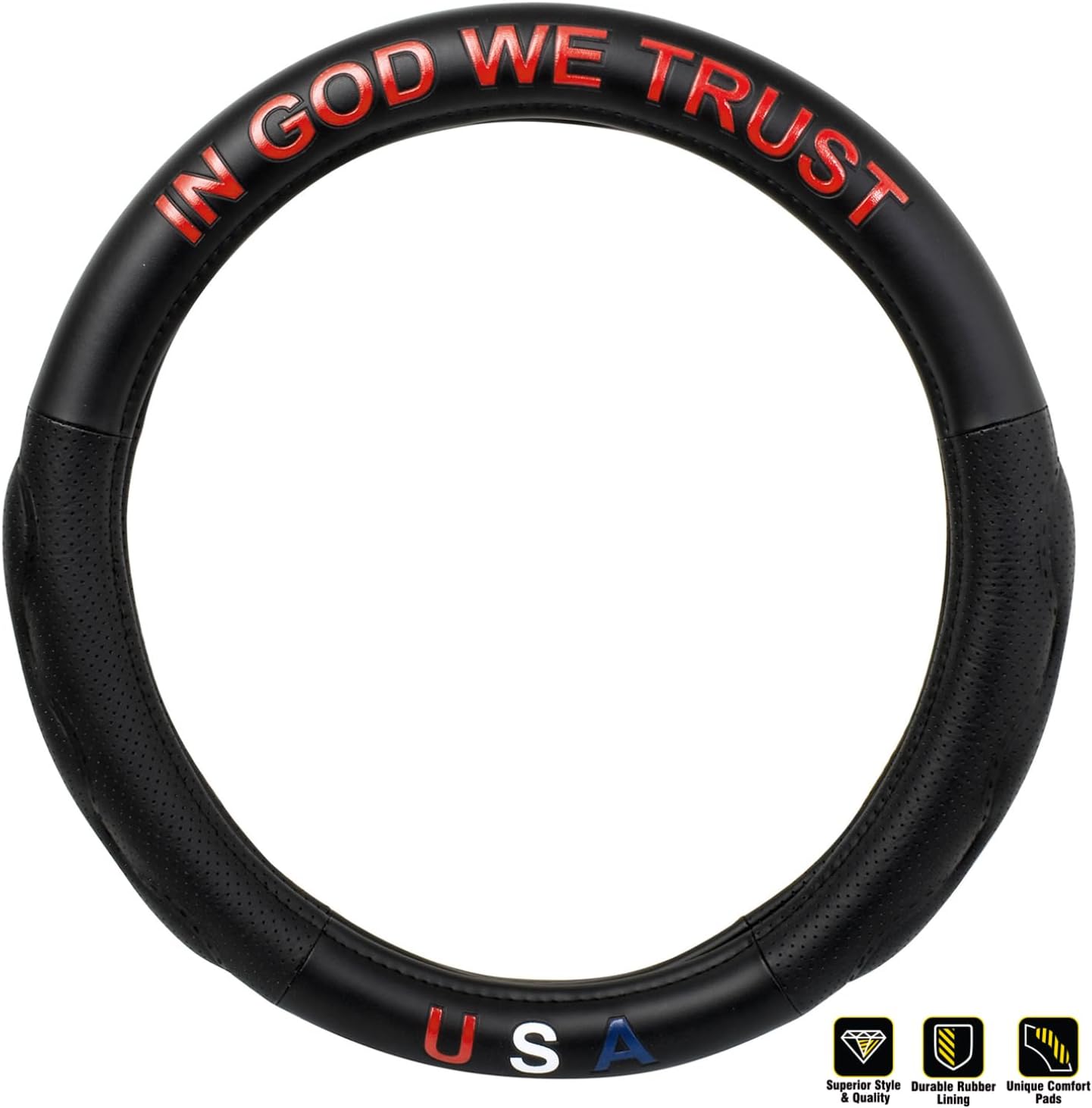GG Grand General 54074 18 inches Deluxe Plus Steering Wheel Cover in God We Trust/USA in Red Font