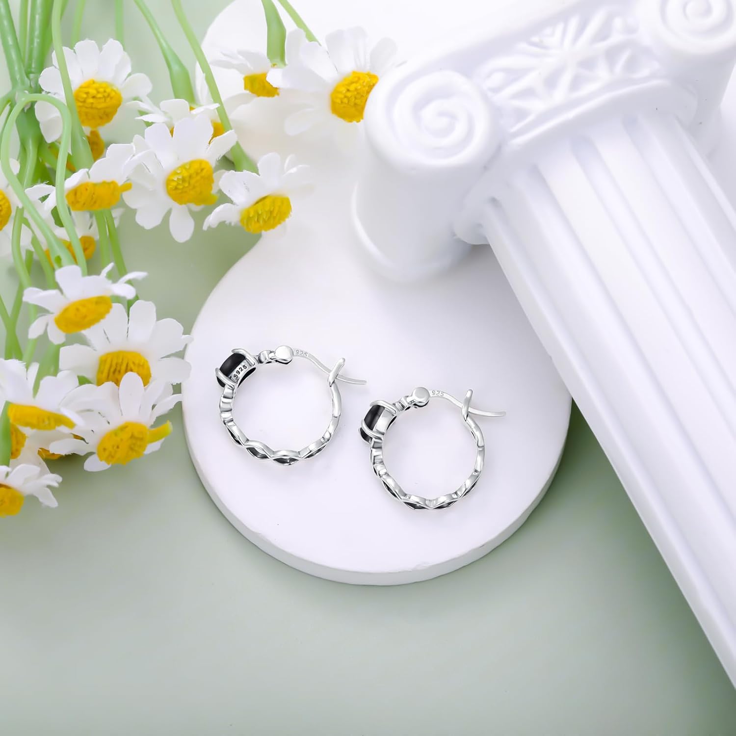 Retro Black Onyx Hoop Earrings 925 Sterling Silver Rose/Celtic Knot/Leaf with Oval Cut Black Onyx Earrings for Women - Image 2