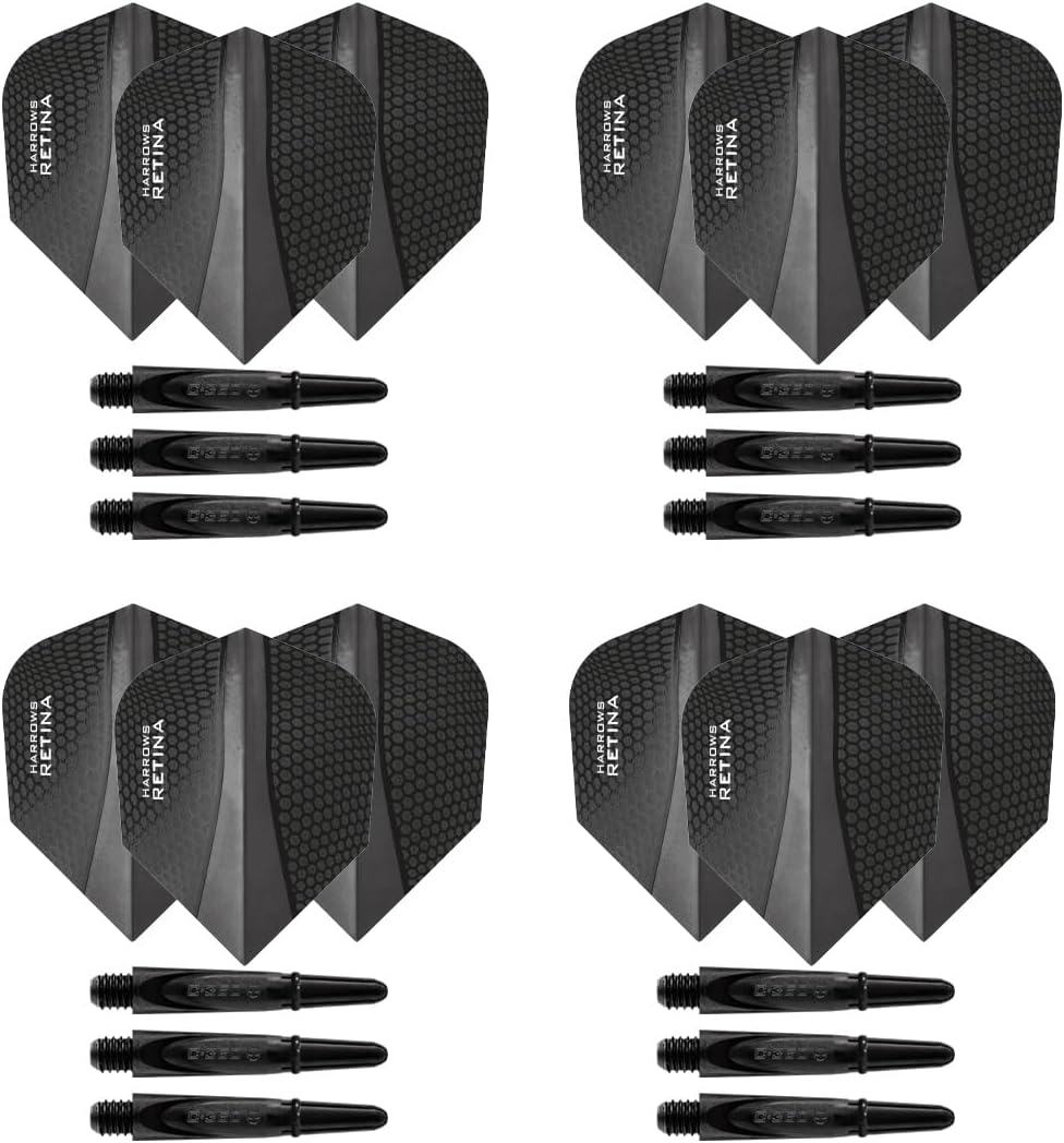 Harrows Darts 4 x Sets of Carbon 360 Dart Stems and Retina Dart Flights - 12 Dart Shafts 12 Darts Flights in Total - Medium & Short (Black, Short)