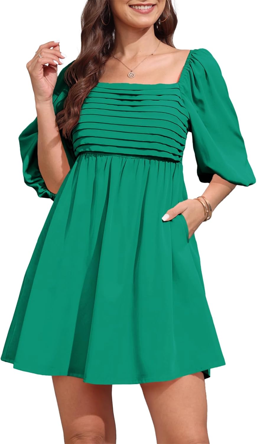 Ebifin Womens Square Neck Dresses Half Puff Sleeve High Waist A-Line Casual Backless Smocked Short Babydoll Mini Dress - Image 4