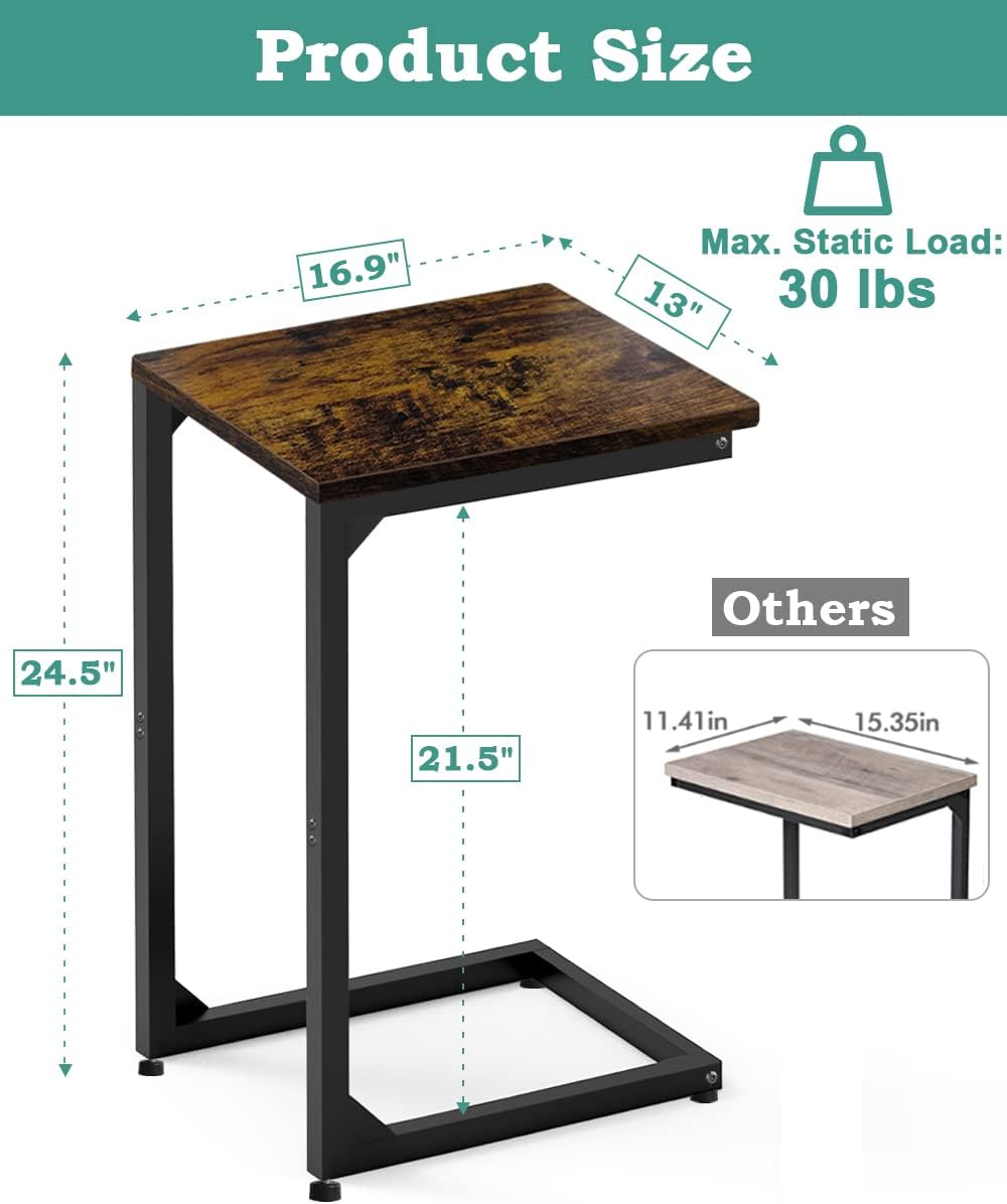 C Shaped End Table, Side Tables Couch TV Tray Table, Small Snack Sofa Table with Metal Frame for Living Room, Bedroom, Bedside for Small Spaces, Rustic Brown Black