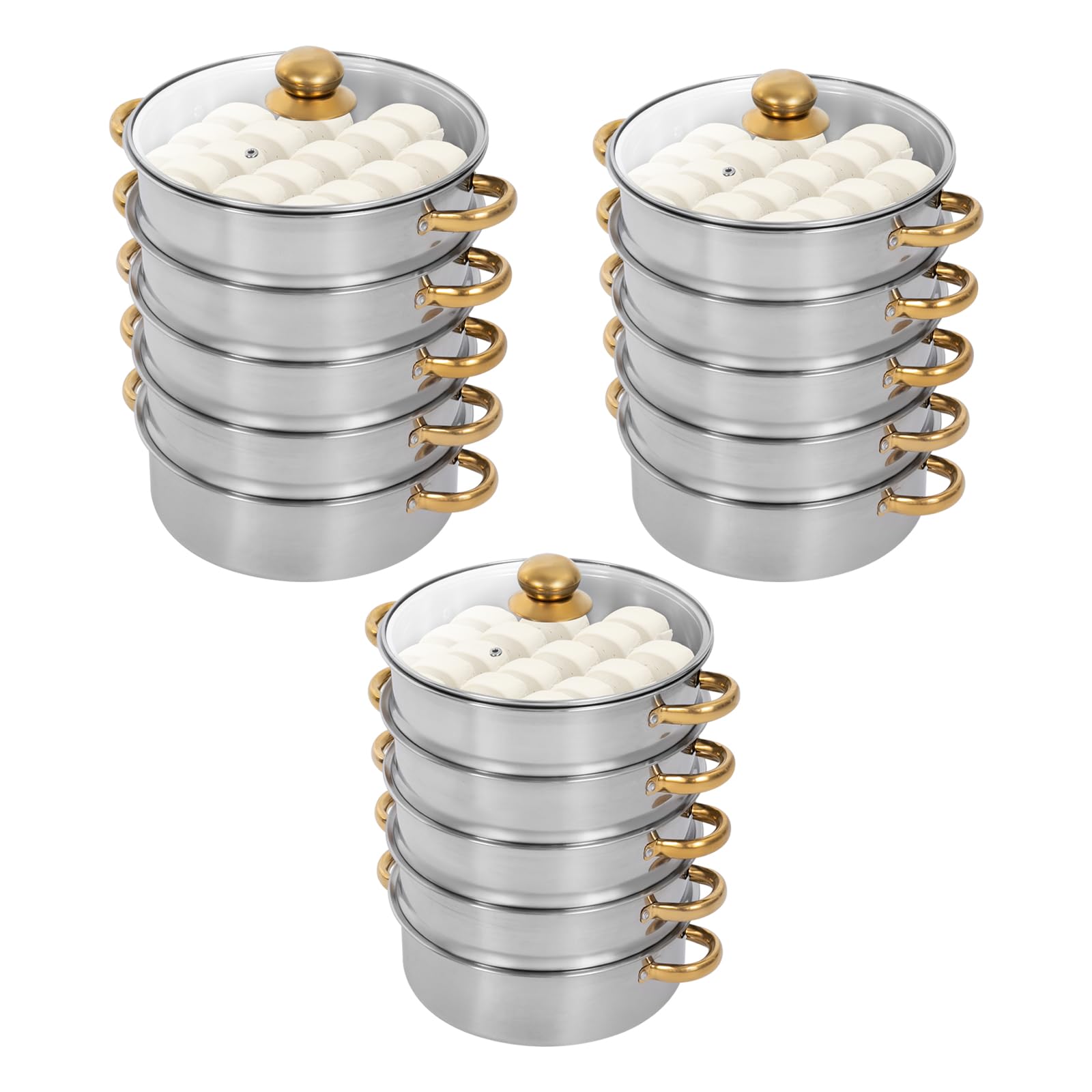 5 Etagen Edelstahl Dampfgarer Topf mit Deckel und Gold Griffen, Rund Dampfgartopf, Breite Öffnungen, Dampfkochertopf für Gasherd, Induktionsherd (26cm)
