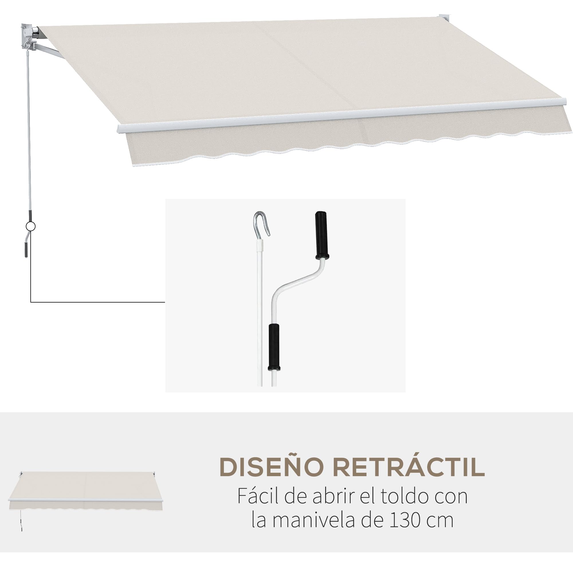 Outsunny Toldo Manual Retráctil 200x295 cm Toldo Enrollable de Exterior con Manivela de Metal y Impermeable Anti-UV para Jardín Terraza Ventanas Crema