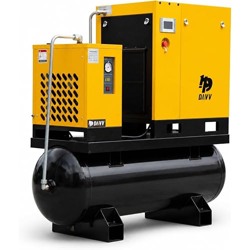 DAVV PM Variable Frequency Drive Rotary Screw Air Compressor System – 10HP/7.5KW, 39CFM @125PSI, 80 Gallon ASME Tank with Refrigerated Dryer – Single or Three-Phase (208-230V) Industrial Base