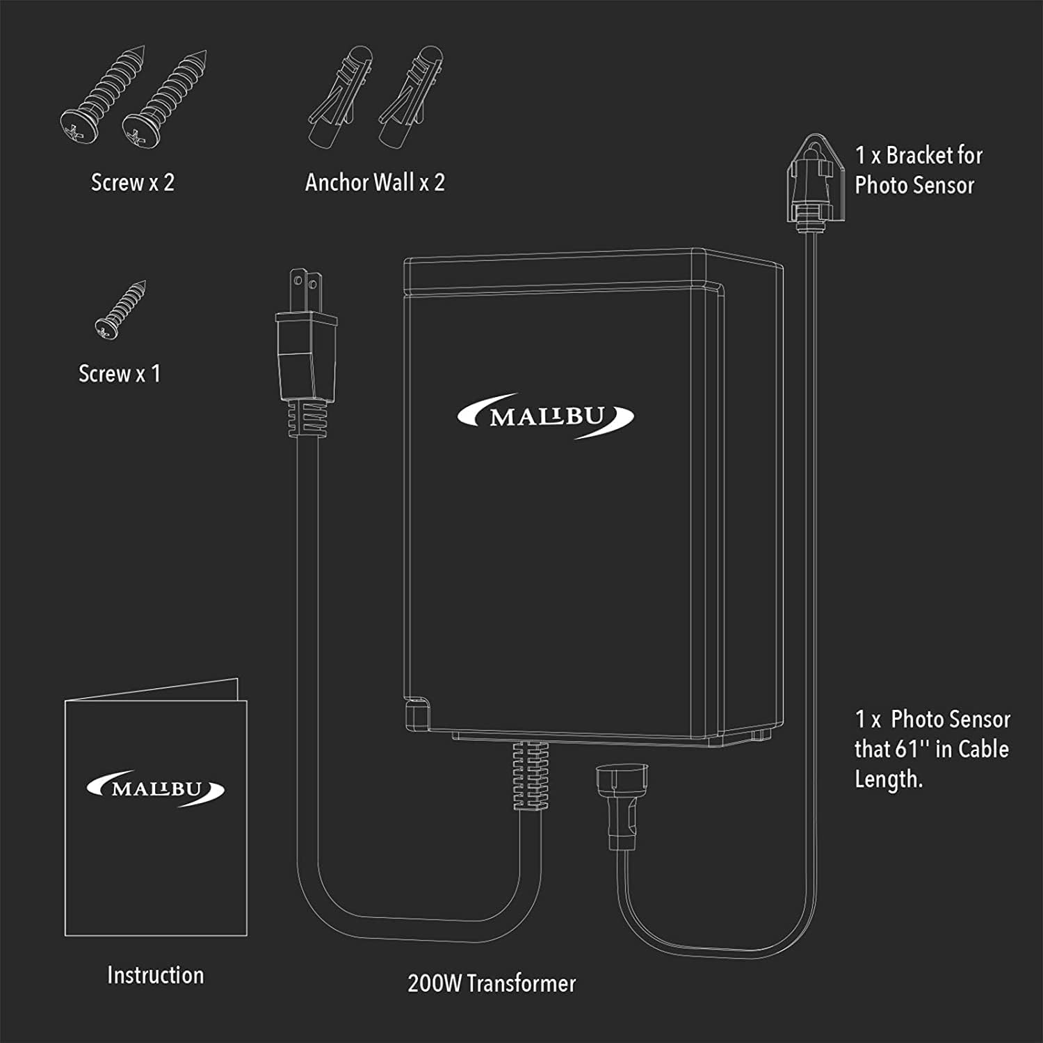 Malibu Low Voltage Transformer 200W Landscape Outdoor Lighting Power Pack 120V AC to 12V AC Weatherproof for Outdoor Lights LED Spotlights and Pathway Garden Lighting 8100-0200-01