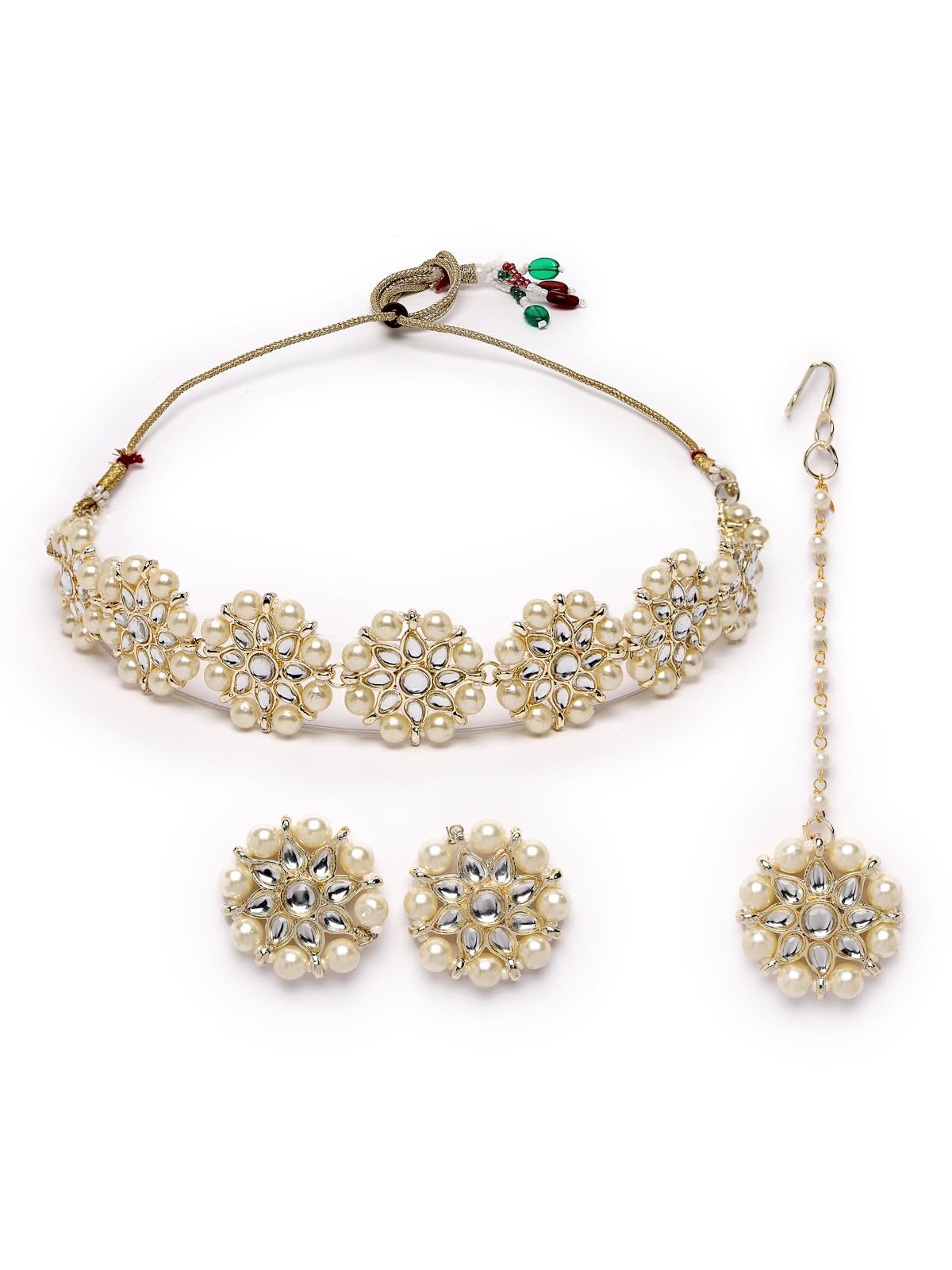 sukkhi Pretty White Floral Gold Plated White AD Stones with Pearls Studded Choker Necklace Set With Studs Earrings Maangtika| Jewellery Set For Women And Girls|NS105993-picture-23