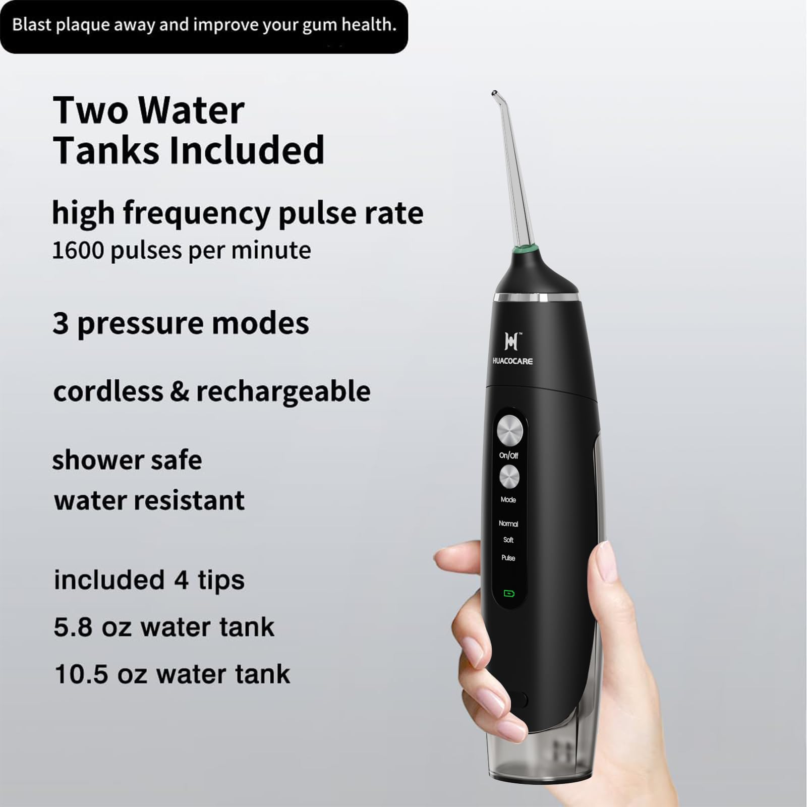Idropulsore dotato di due serbatoi d'acqua per casa e viaggi, 3 modalità di irrigazione orale dentale, portatile, impermeabile IPX7, potente durata della batteria, filo interdentale per denti (nero)