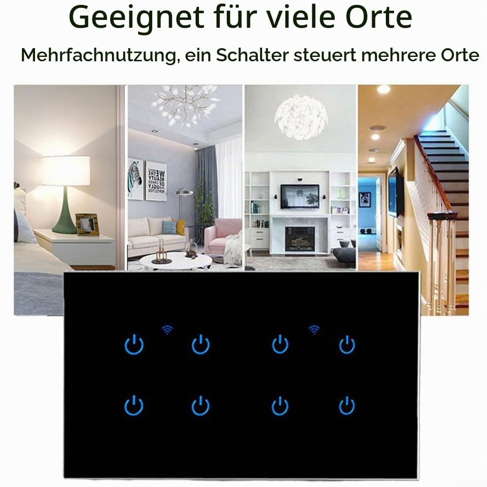 Touch-Schalter Smart Lichtschalter Wifi Schalter Smart Home mit WLAN Glas Touchscreen, für Tuya App Fernbedienung/Sprachsteuerung(8 Gang-Black)