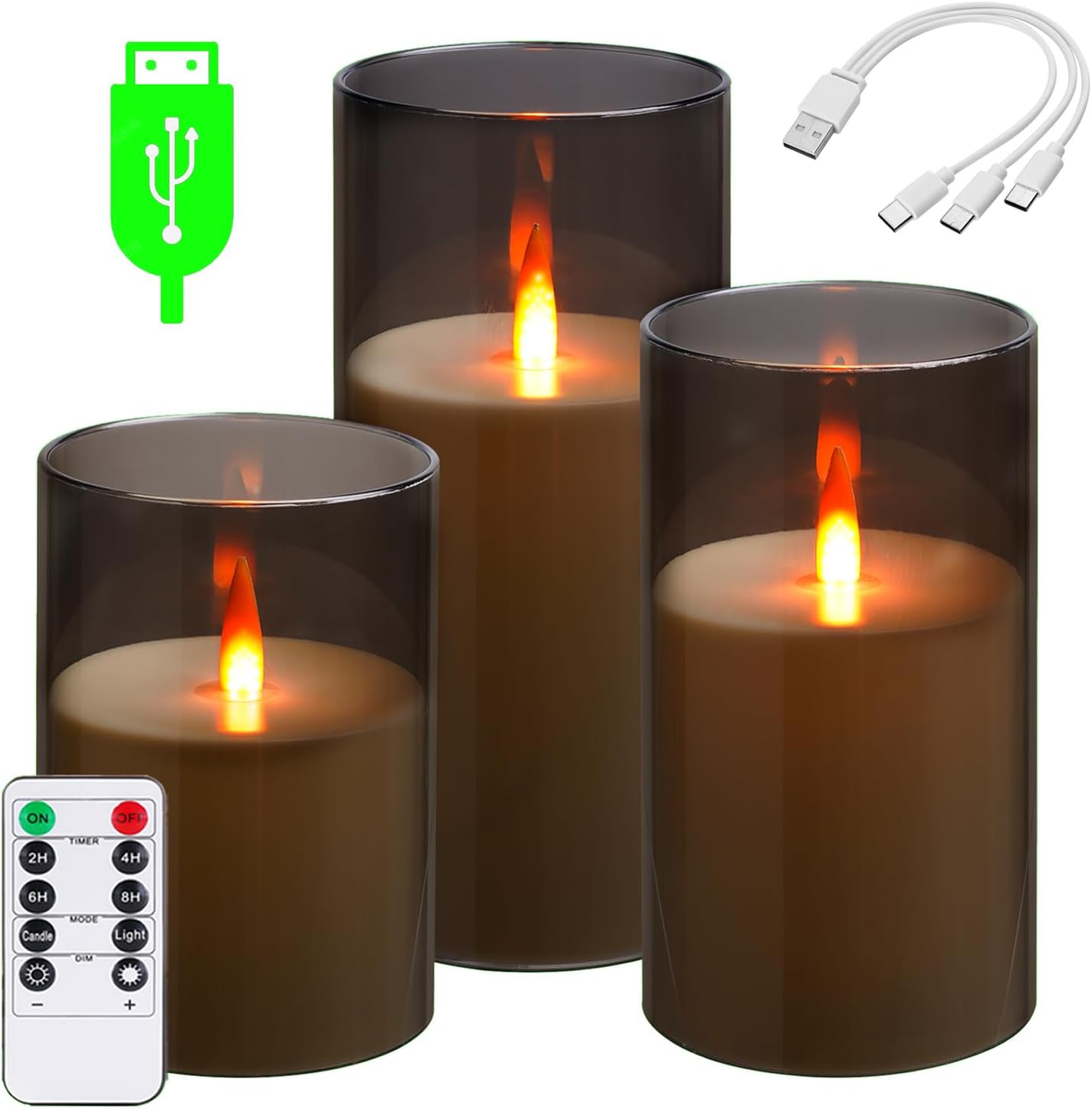 Da by Rechargeable Flameless Candle, Type-c Rechargeable Battery Candlewith Remote Control and Timer Function,Set of 3,can Last up to 240 Hours. A Wick Like a Flame. (Save 220 AA Batteries per Year).