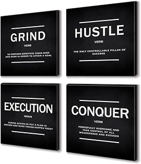 BWSPACE Grind Hustle Execution Conquer Entrepreneur Quotes Inspirational Wall Art Canvas Painting Decor for Office Bedroom Living Room(12" Wx12 Hx4pcs)
