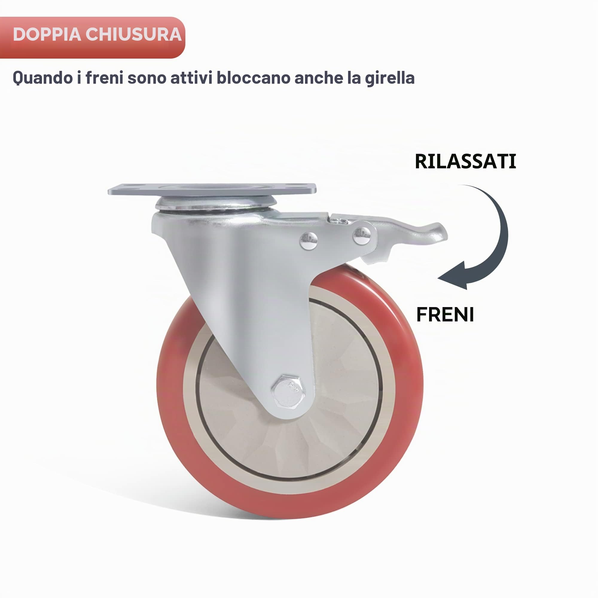 4 Ruote per Carrello con Freno, Ruote Girevoli da 125 mm Ruote per Mobili carico di 800 kg, Rosso Ruota Girevole con Vite per Pallet, Ruota Girevole 360° Ruote Gomma Antigraffio