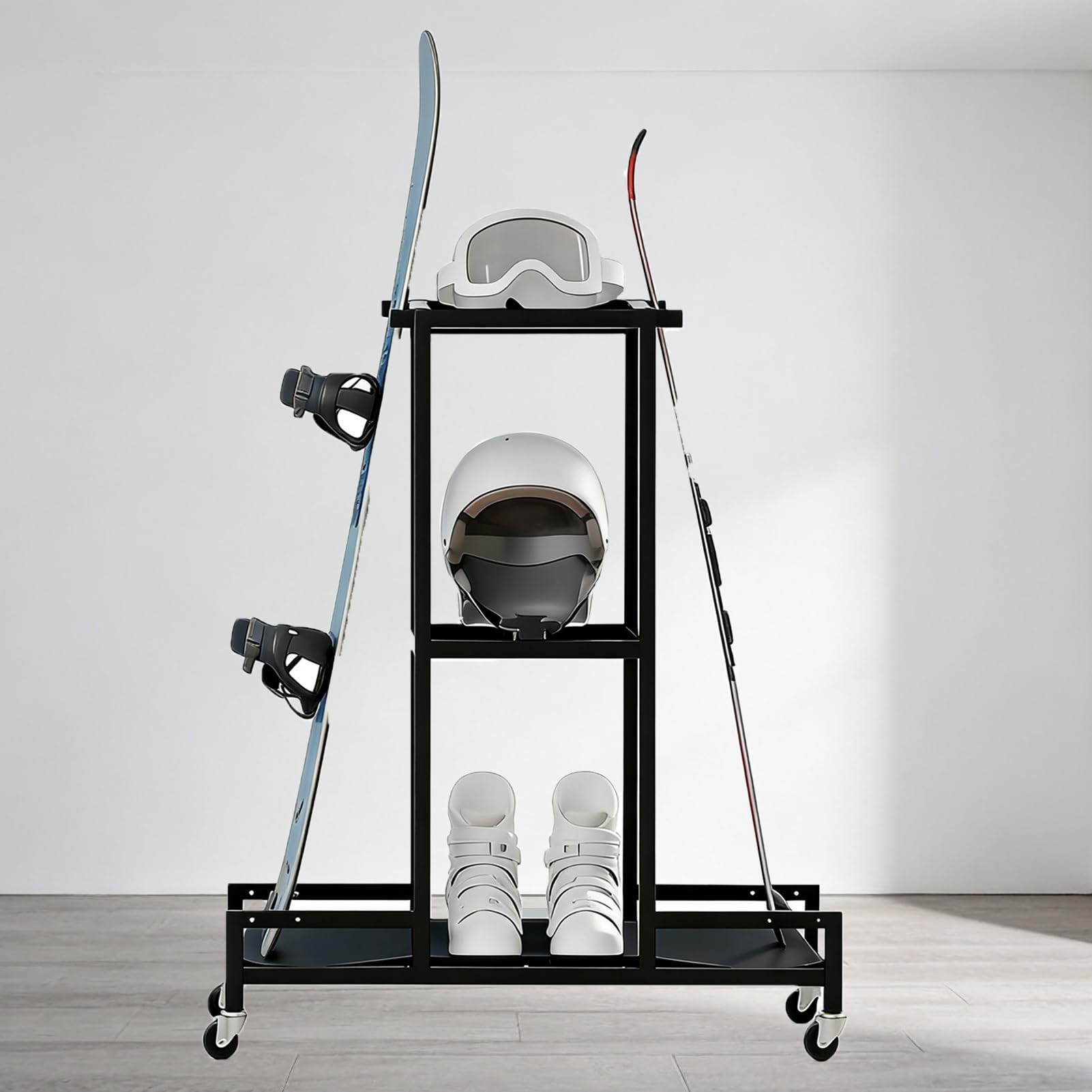 SkistäNder Freistehendes Skiregal für Garage/Keller, Bewegliches Skateboard-Regal für Winterzubehör, Robuste Longboard-Halterungen, Ski-Aufbewahrungsregal, Ski-Organizer