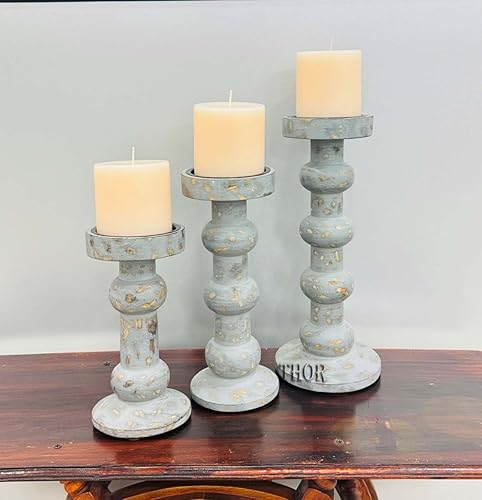 Miniatura 2 de Portavelas de madera para velas de pilar, portavelas alto rústico (juego de 3), portavelas de granja grande, juego de portavelas de pilar para