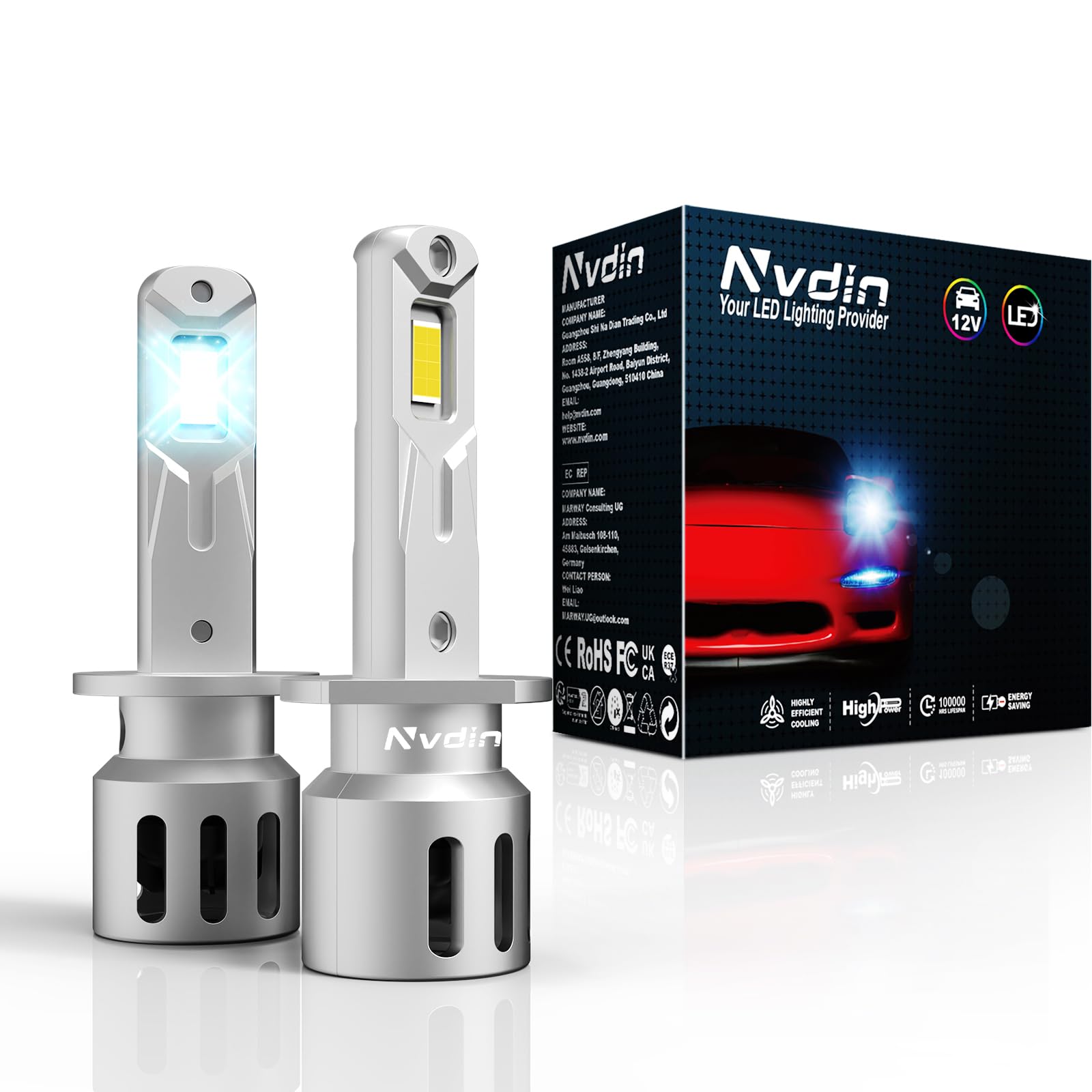 ampoules h1 led 22000lm, lampe de phare 12v pour voiture et moto, taille des halogènes 1:1, montage direct pour les feux de route ou croisement, 6000k blanc