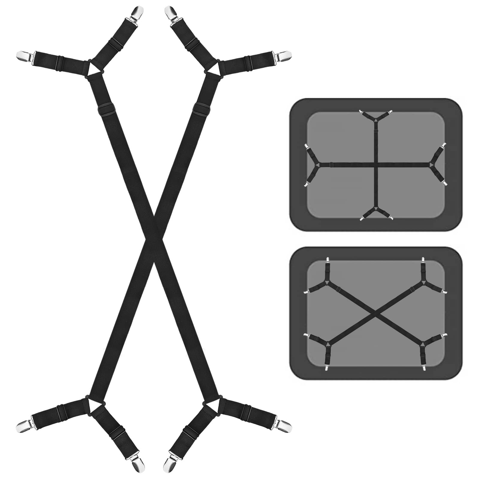 DearCal Bed Sheet Holder Straps, Adjustable Crisscross Fitted Sheet Band Straps Grippers Suspenders, Metal Clips (Pack of 2, Black)
