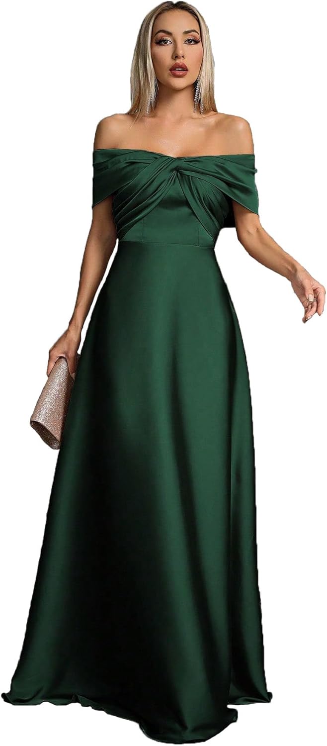 Women's Off The Shoulder Satin Maxi Dress, Elegant Twist Front Ruched Formal Evening Gown for Party