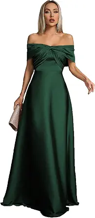 Women's Off The Shoulder Satin Maxi Dress, Elegant Twist Front Ruched Formal Evening Gown for Party