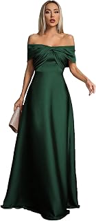 Women's Off The Shoulder Satin Maxi Dress, Elegant Twist Front Ruched Formal Evening Gown for Party