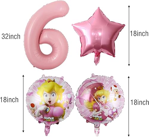 Miniatura 2 de Decoraciones de cumpleaños de princesa melocotón número 6, globo rosa con el número 6 de 32 pulgadas, globos de princesa melocotón para cumpleaños