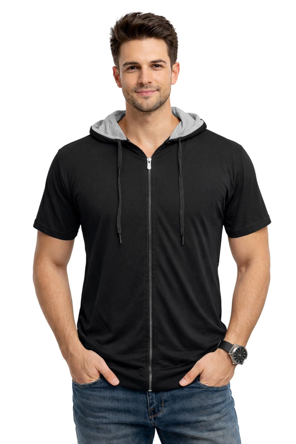 blisstone Men's Short Sleeve Hoodie T-Shirt with Button Placket | Casual Summer Hooded Tee-picture-55