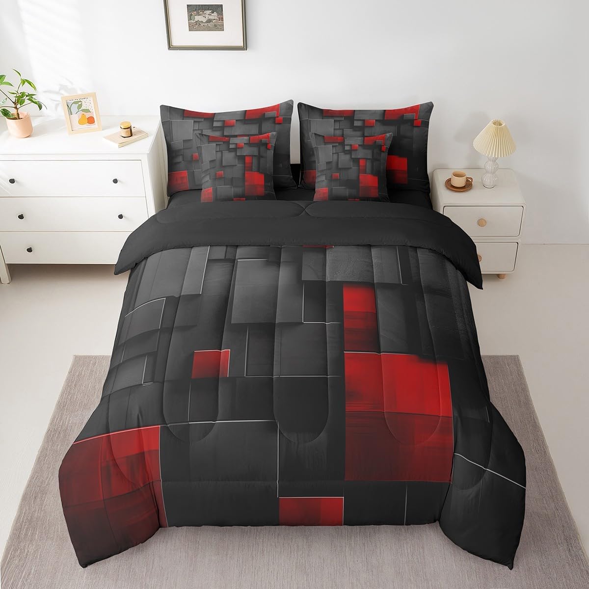 7 Pieces Purple Abstract Comforter Set Queen Size, Geometric Square Grid Bedding Set for Kids Boys Girls Room Decor, Purple and Black Lattice 7pcs Bed in a Bag with Comforter, Sheets and Pillow Cases