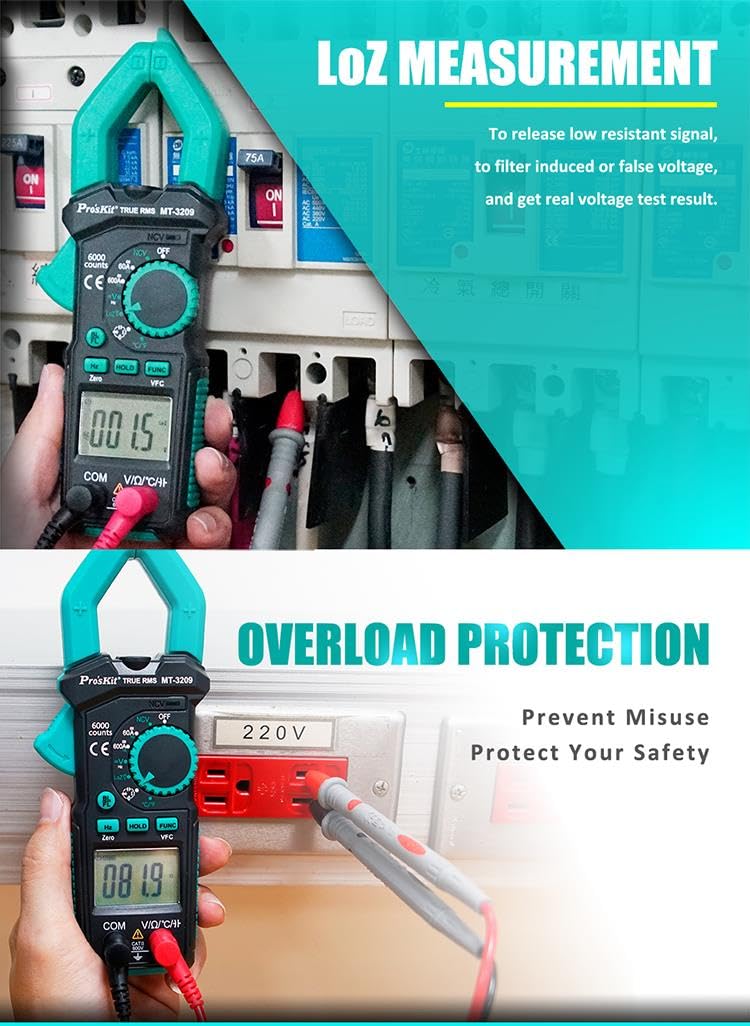 Pro'sKit MT-3209 3-5/6 AC/DC Pinza amperimétrica digital ACV ACA Medición de verdadero valor eficaz Detección VFC Medición LoZ Detección NCV(MT-3209)