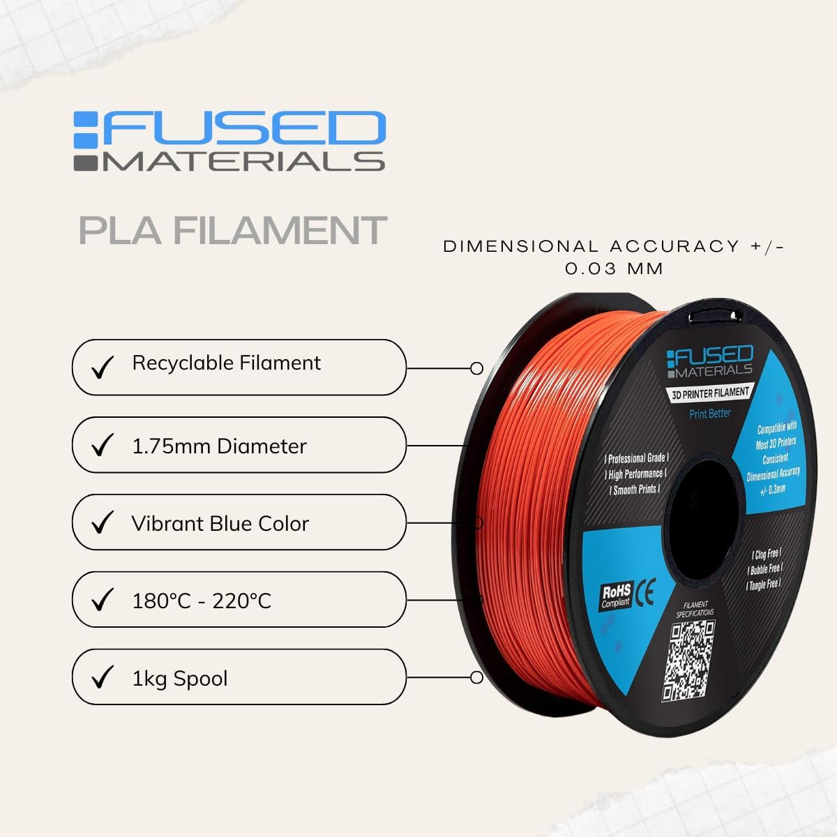 PLA Red 3D Printer Filament Fused Materials - 1kg Spool, 1.75mm, Dimensional Accuracy +/- 0.03 mm
