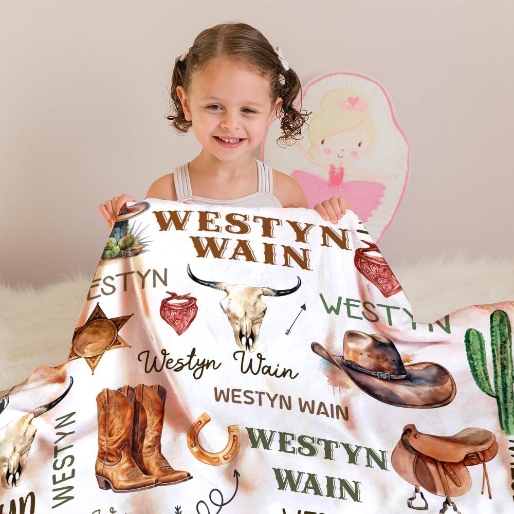 Personalized Name Minky Baby Blankets for Boys, Western Baby Stuff, Soft Plush Receiving Minky Blanket Double Layer with Dotted Backing for Infant Toddler Crib, Western Nursery Decorations (02)