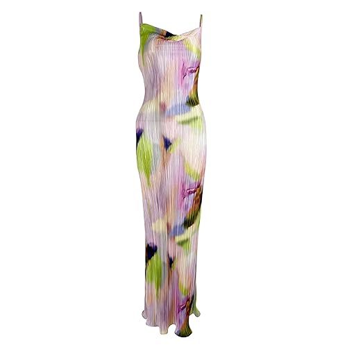 LASPIA Cowl Neck Dress Sexy Strap Shoulder Pleated Maxi Dresses