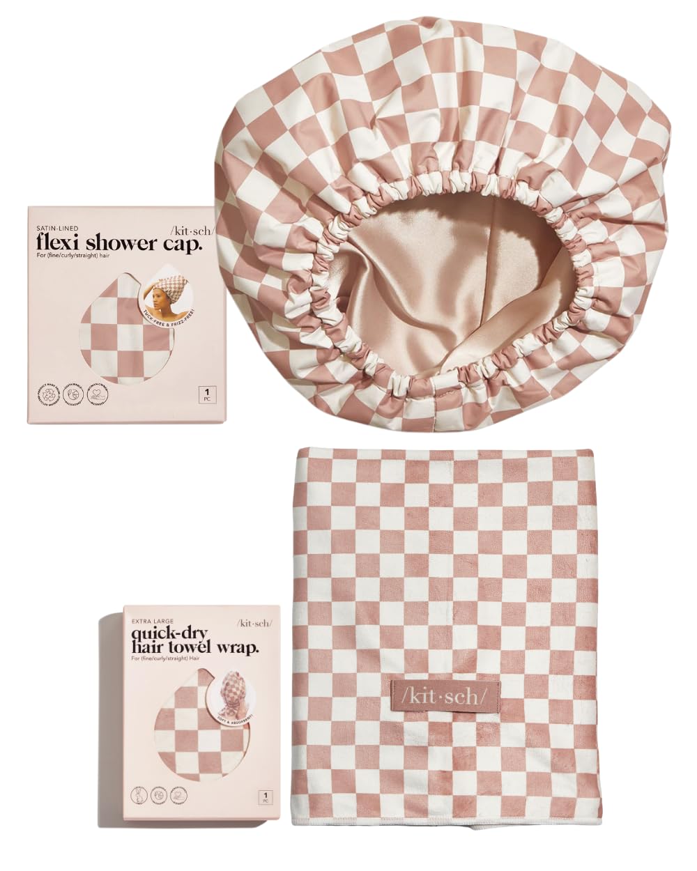 Kitsch Flexi Satin-Lined Shower Cap and XL Microfiber Hair Towel Wrap Bundle with Discount