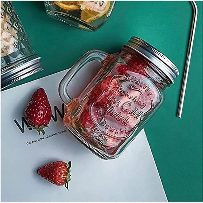 Image of SAVE Mason Jar With Stainless Steel Straw And Handle And 2 Lids | 1 Lid With Hole And 1 Without Hole | Stylish Embossing Design | 450 Ml | Multicolour Lid With Hole (Bent Straw, Clear)