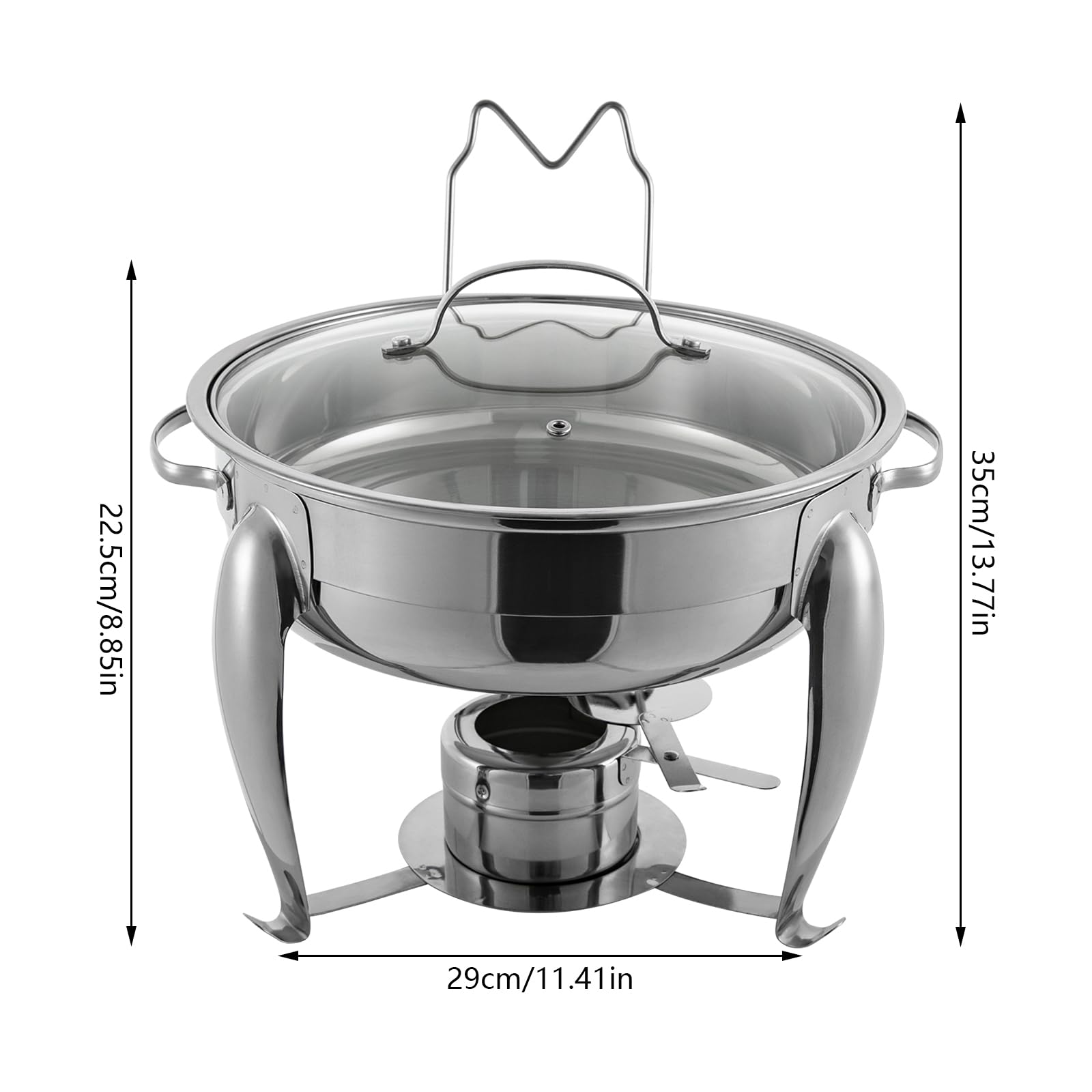 Chafing Dish - Set de buffet redondo de 4 litros, calentador de alimentos de acero inoxidable, estructura de acero inoxidable y tapa de cristal, calentador de sopa para catering, buffet y