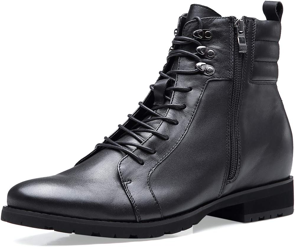 CHAMARIPA Men's Invisible Height Increasing Elevator Shoes-Genuine Leather Motorcycle Boot-3.15 Inches Taller H82018K101D Black