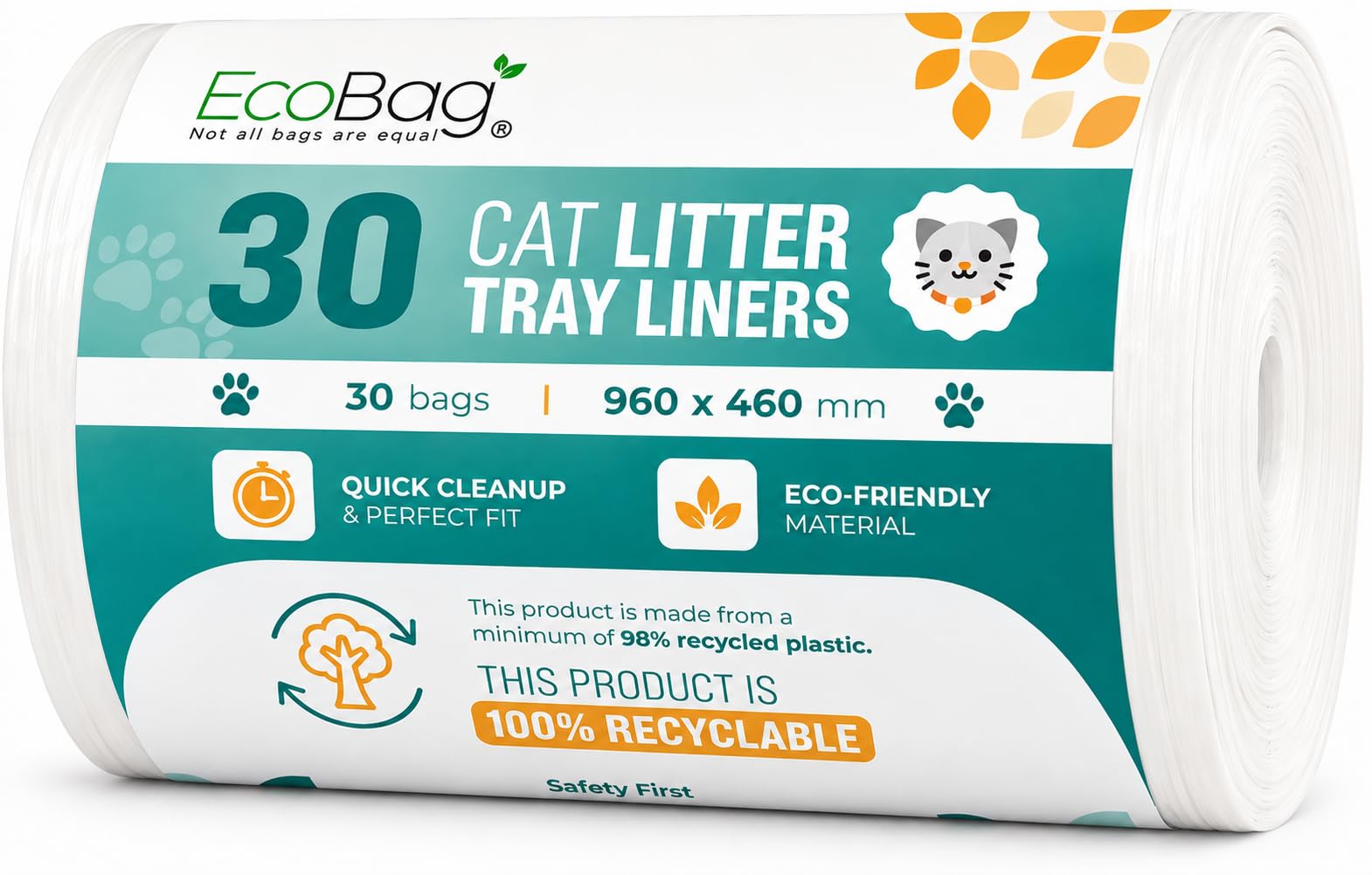 Ecobag 30 Pack Cat Litter Tray Liners – XL 30 Litre, 27 Micron Extra-Thick Leak-Proof & Odour Control Bags – Scratch Resistant, Heavy Duty, Fits Large & XL Litter Trays – Eco-Friendly, 960 x 460mm