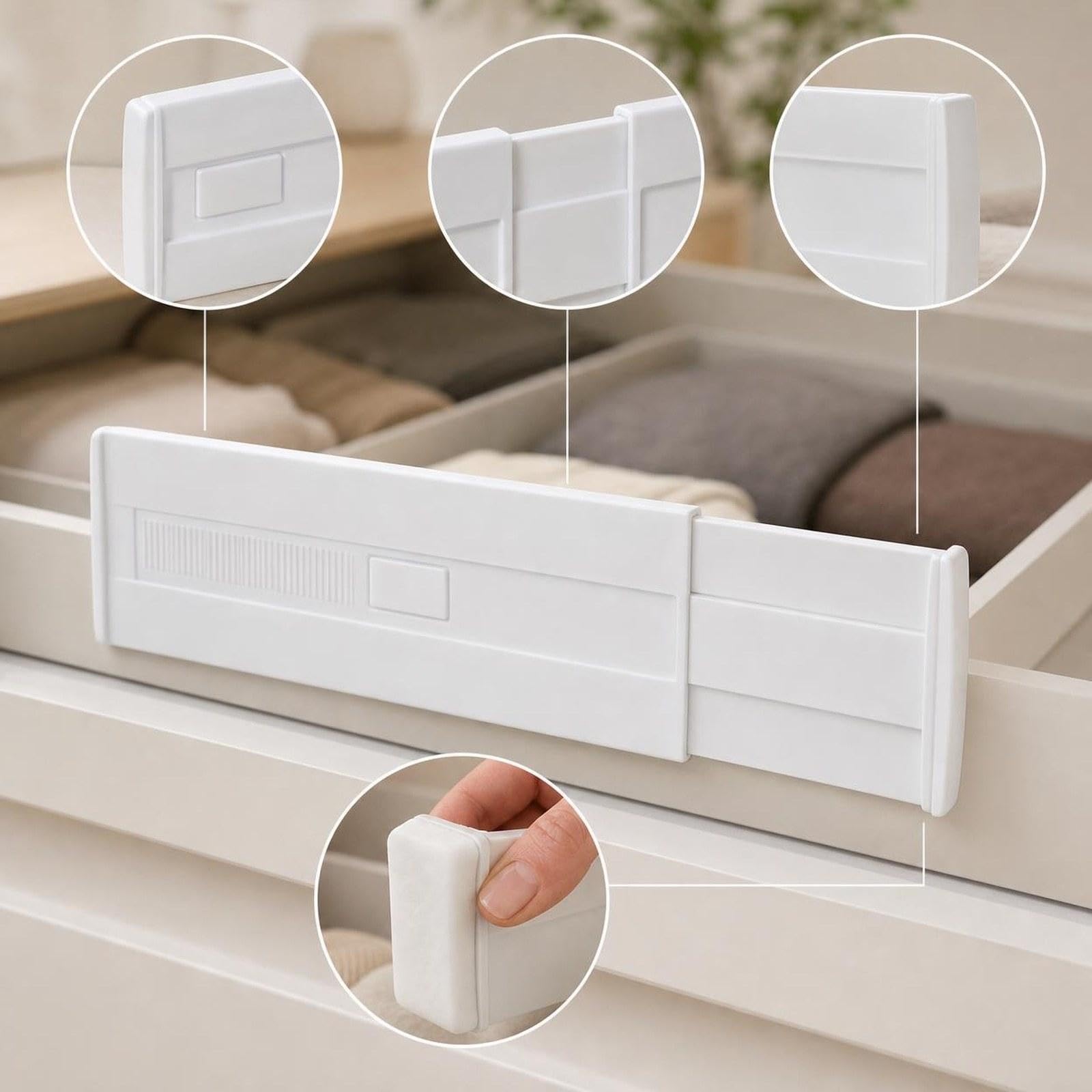 8 Pezzi Divisori per Cassetti Separatori Espandibili Regolabili in Robusto Senza Deformazioni per Organizzazione Versatile Adatti a Hotel Dormitori, Bianco