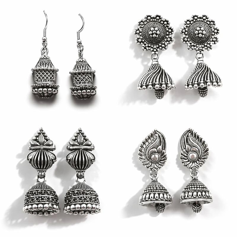 Earrings for women Traditional jhumka small size | Earring Combo Pack of 4 for Girls | Oxidised Earring Silver Color-picture-28