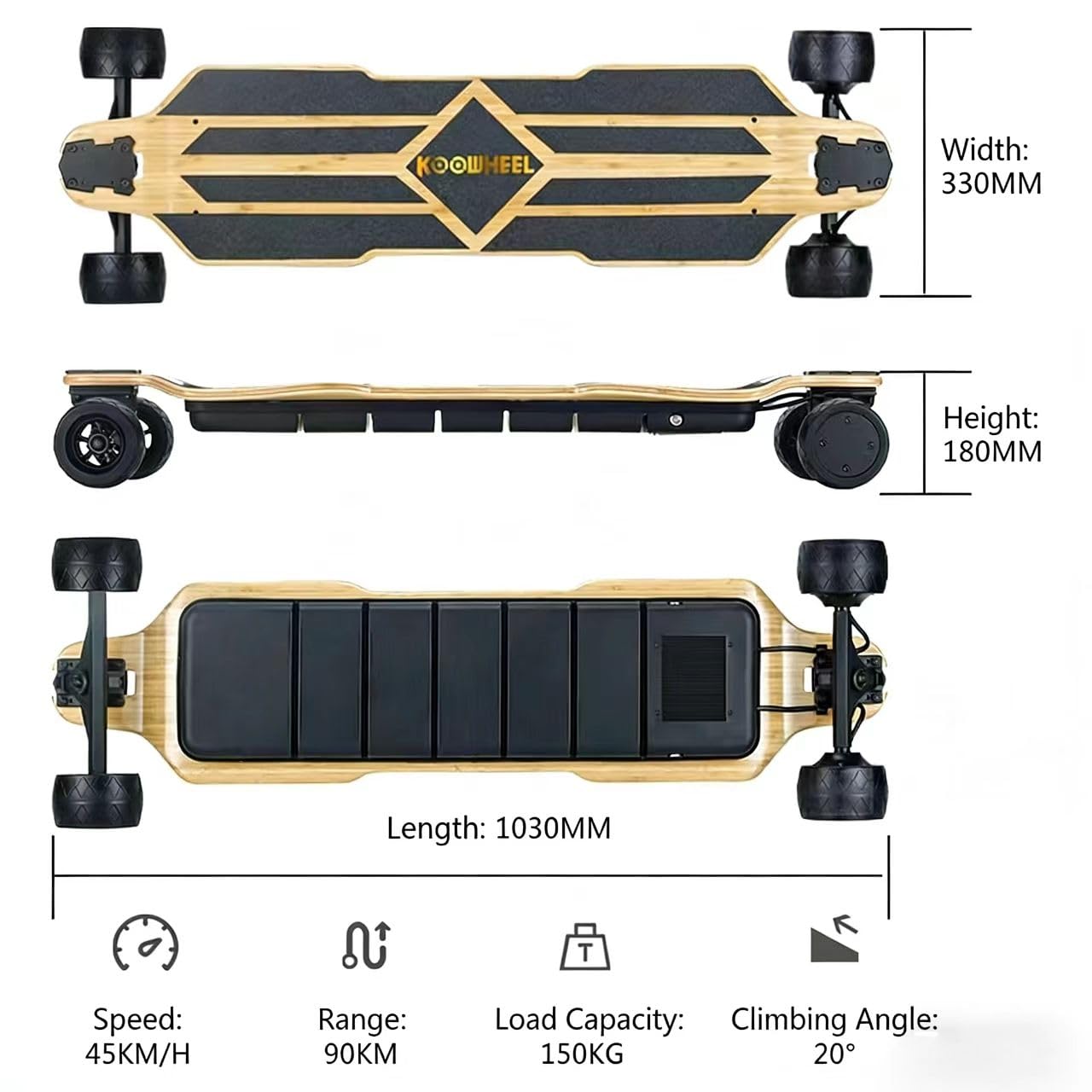 E-Skateboard für Erwachsene mit 65 km Reichweite & 45 km/h, OLED Fernbedienung, 25° Steigfähigkeit, 550W Doppelmotor, 4-Rad für Pendler und Lange Fahrten