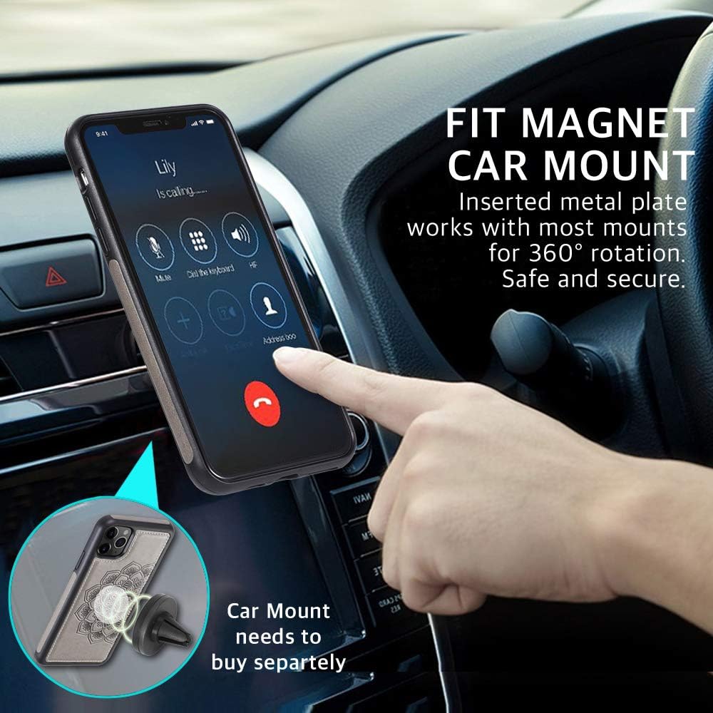 CASEOWL iPhone 11 Pro Max Case Wallet with Magnetic Detachable Slim Case Fit Car Mount,Card Holder,Kick Stand,RFID Protection,Strap,Mandala Embossed Leather Wallet Case for iPhone 11 Pro Max,Gray